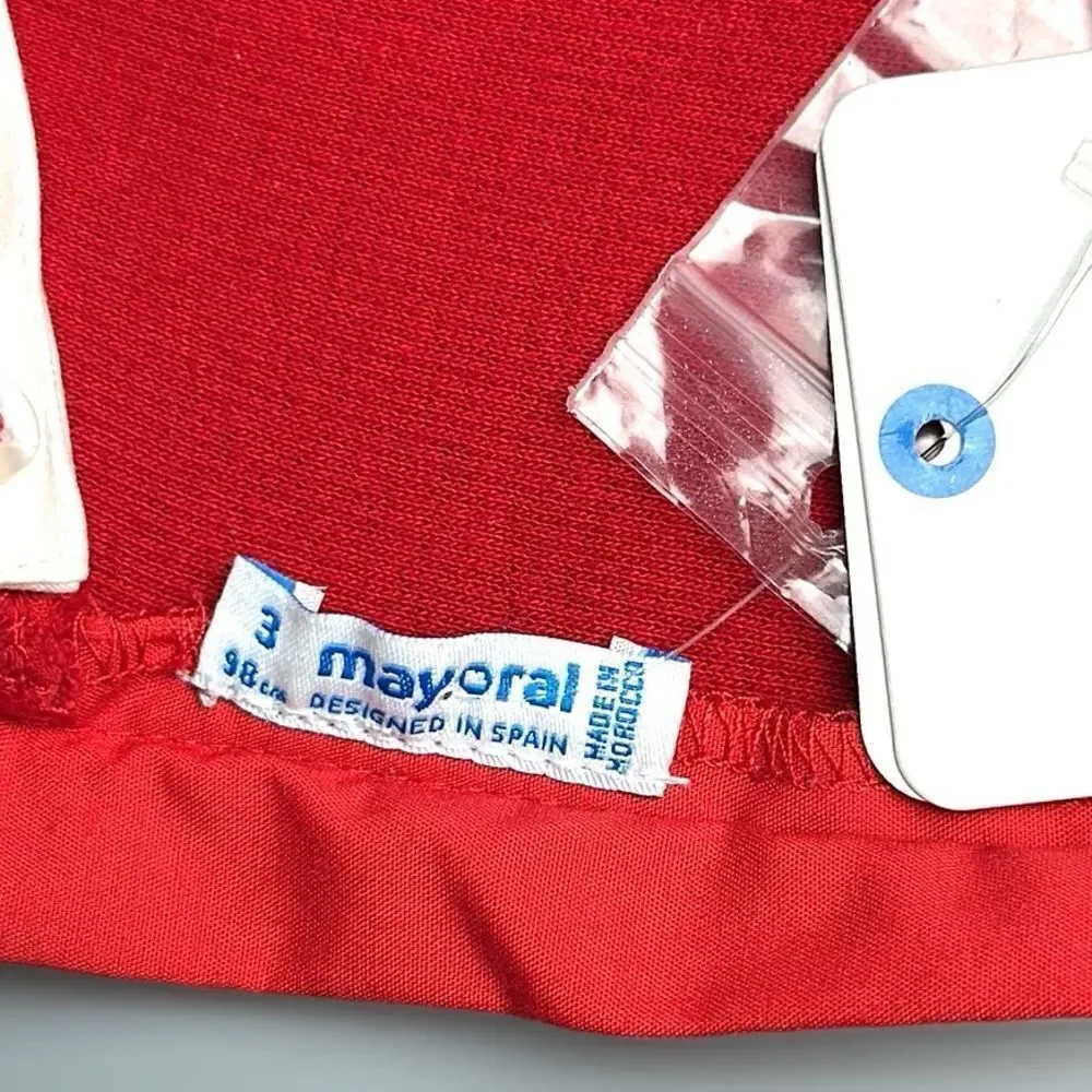 NWT Mayoral Girl’s Red Jumper Dress Floral Skirt Ruffle Collar Cuffs size 3